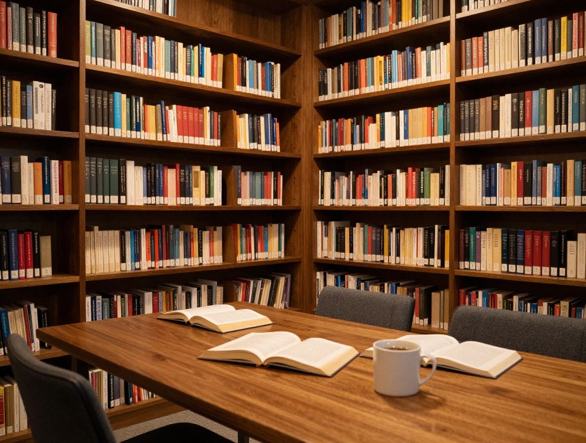 Interior de una biblioteca académica con estanterías de madera oscura repletas de libros, luz cálida de lámpara de escritorio sobre una mesa con libros abiertos y una taza de infusión, ambiente de estudio tranquilo y reflexivo